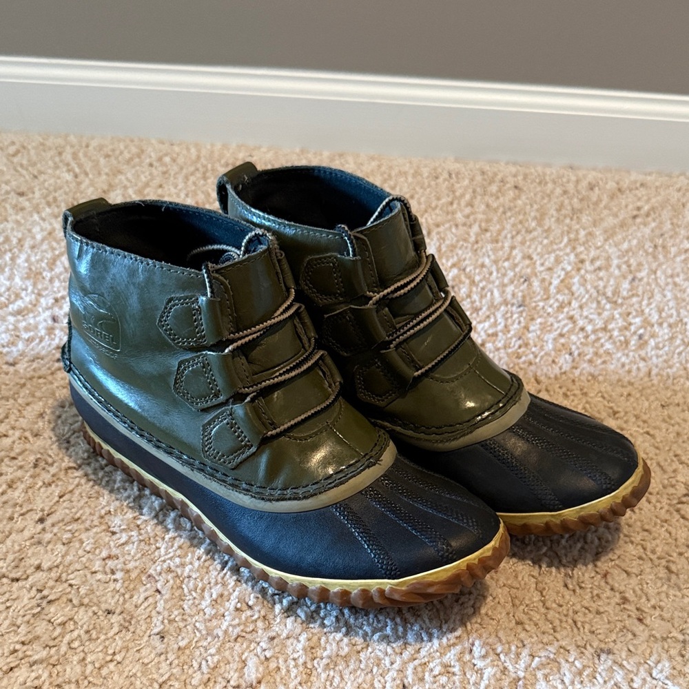 Sorel Out and About Waterproof Duck Boots in Olive Green and Black